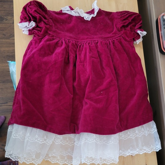 Bryan Vintage Girls Velvet Lace Trimmed Dress w/ Bow Christmas Party Holiday 24m - Picture 3 of 9